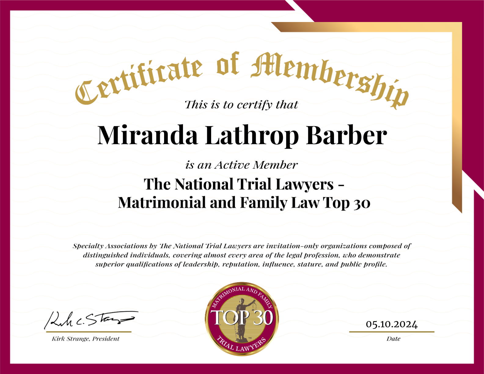 Certificate of Membership | This is to certify that | Miranda Lathrop Barber